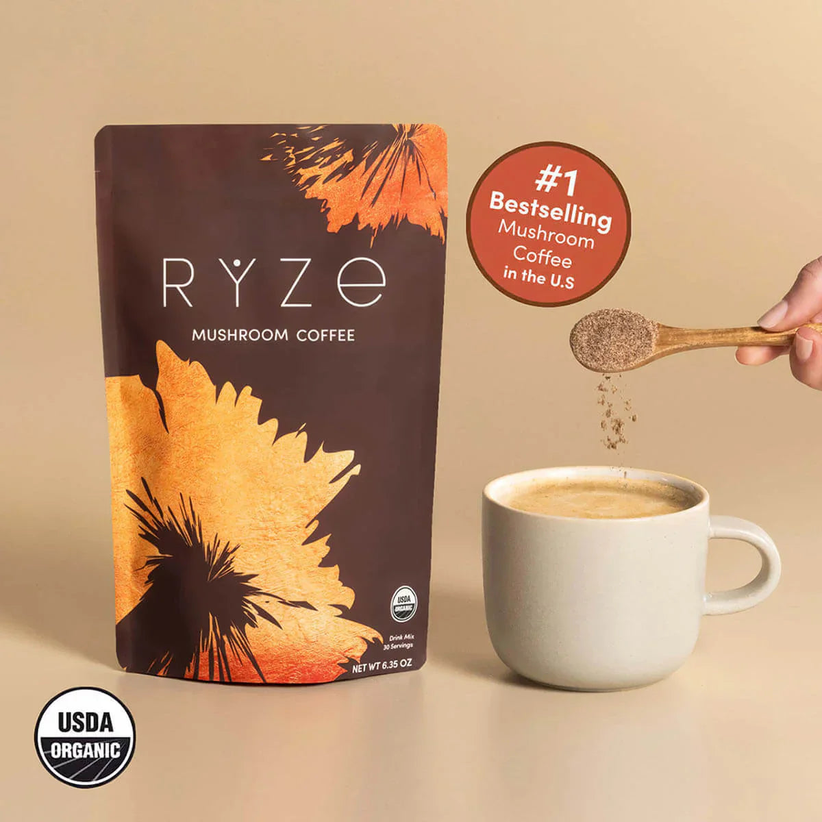 RYZE Mushroom Coffee — Organic Instant Coffee with Cordyceps & Reishi, 30 Servings